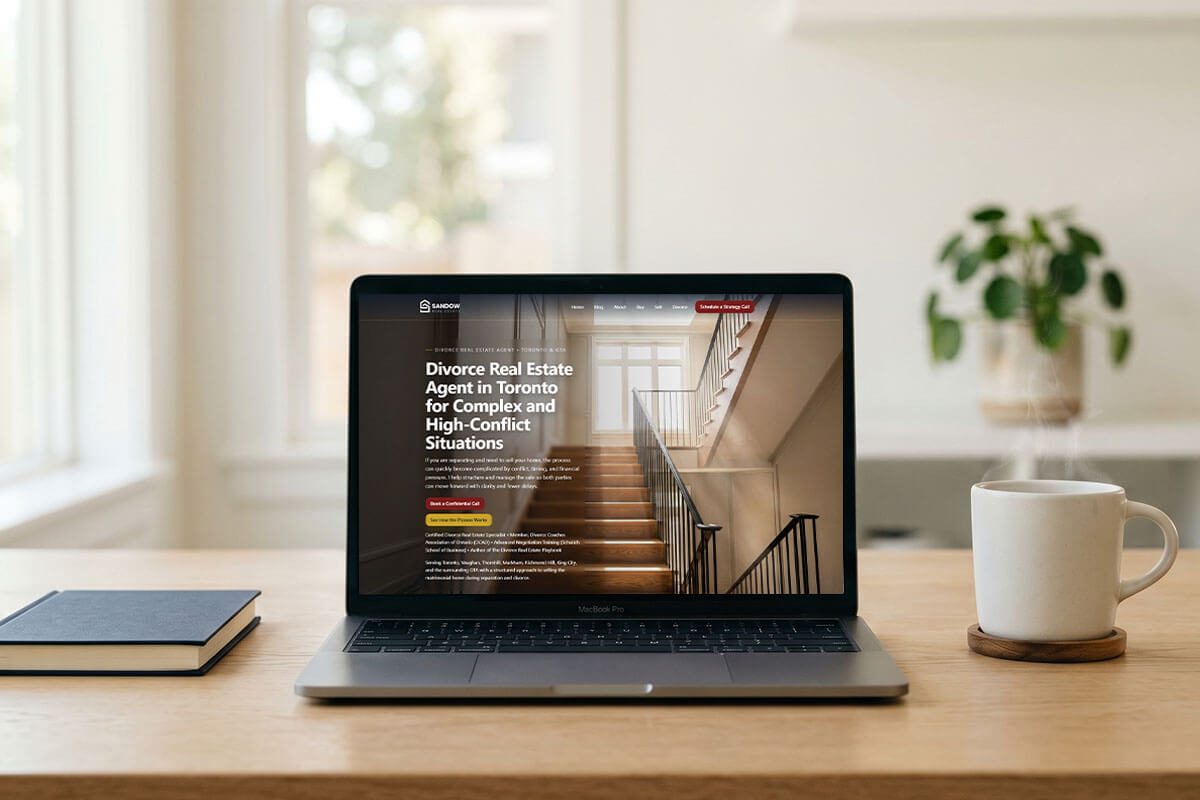 A home office desk with a laptop and coffee representing the structured process of selling a home during divorce